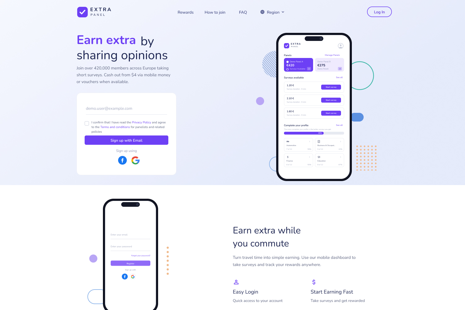Branded panel sign-up and login page